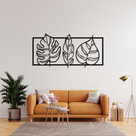 Modern Tropical Leaf Wall Art – 3-Piece Metal Panel Set, Black Frame, Contemporary Home Decor