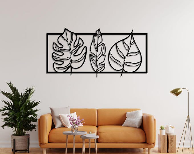 Modern Tropical Leaf Wall Art – 3-Piece Metal Panel Set, Black Frame, Contemporary Home Decor