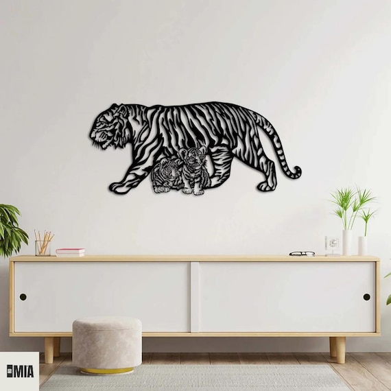 Metal Tiger Wall Art with Cub, Modern  Wildlife Wall Dec