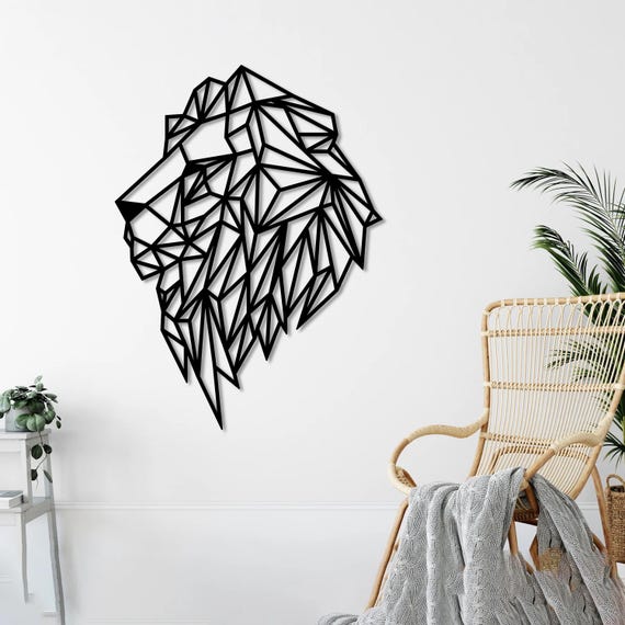 Geometric Lion Wall Art – Modern Metal Wall Decor, Contemporary Black Home Accent