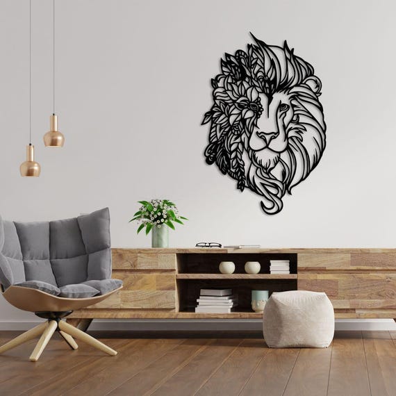 Metal Lion Head Wall Art: Modern Floral Sculpture