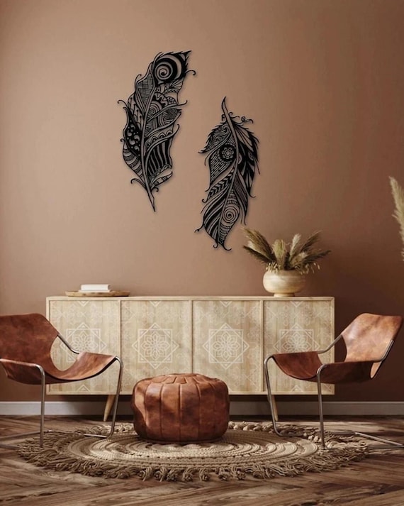 Feather Metal Wall Art, Boho Metal Wall Decor, Nature Inspired Wall Hanging, Modern Metal Feather, Garden and Home 32x22" 80x55 cm