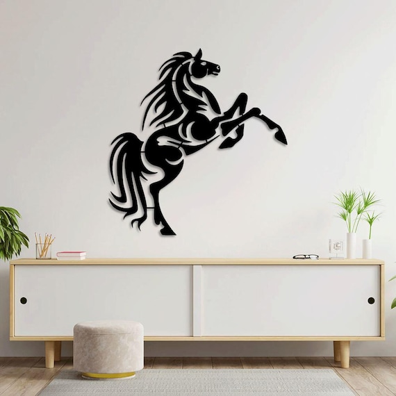 Romia Metal Horse Wall Art Decor, Black Rearing Stallion Design, Modern Home Decoration