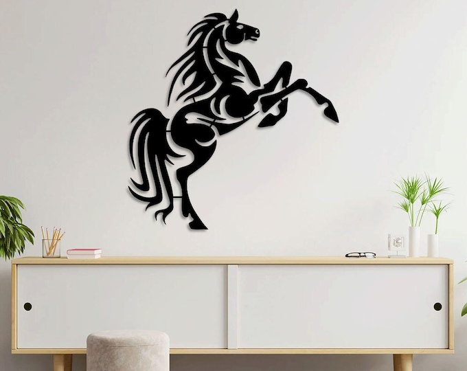 Romia Metal Horse Wall Art Decor, Black Rearing Stallion Design, Modern Home Decoration