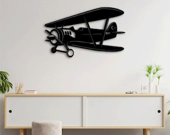 Vintage Biplane Metal Wall Art, Aviation Theme 3D Design, Retro Aircraft Silhouette Home Decor