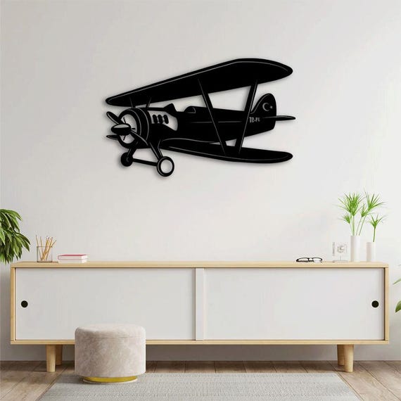 Vintage Biplane Metal Wall Art, Aviation Theme 3D Design, Retro Aircraft Silhouette Home Decor
