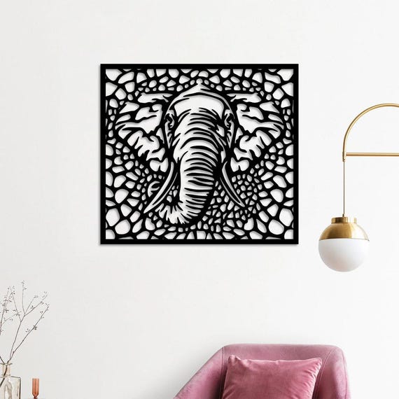 Modern Metal Wall Art, Black Elephant Design, Decorative Mosaic Pattern, Square Wall Decor
