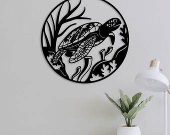 Decorazione murale in metallo a forma di tartaruga marina – Decorazione rotonda a tema oceano, moderno accento per la casa in stile costiero