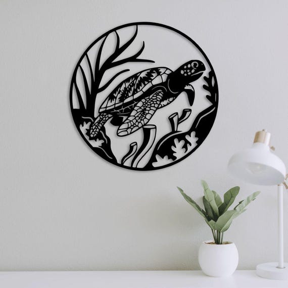 Sea Turtle Metal Wall Art – Round Ocean Theme Decor, Modern Coastal Home Accent