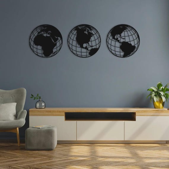 Triple Globe World Map Metal Wall Art | Modern Global Decor | Travel Map Sculpture