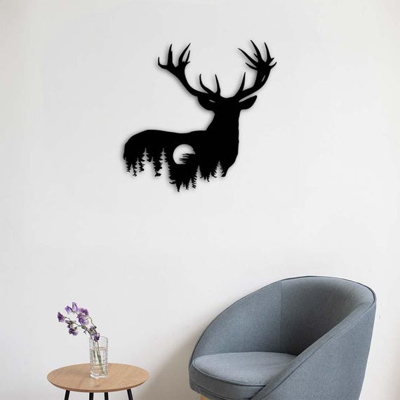 Deer Silhouette Metal Wall Art: Forest Moon Cabin Decor