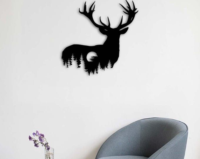 Deer Silhouette Metal Wall Art - Forest and Moon Design - Nature Inspired Wall Decor for Home or Cabin