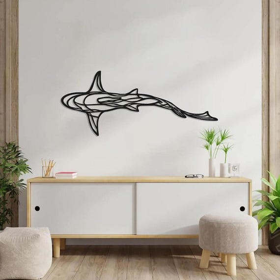 Shark Metal Wall Decor – Unique Line Art Sign, Ocean Animal Wall Art, Shark Decor for Living Room, Above Bed Metal Wall Hanging