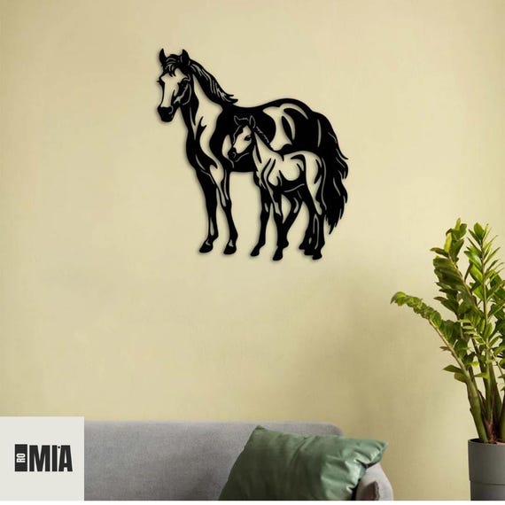 Metal Horse Wall Art: Mare and Foal 3D Silhouette
