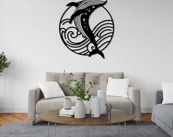 Romia Metal Whale Wall Art – Ocean Wave Design, Modern Home Decor, Round Wall Hanging