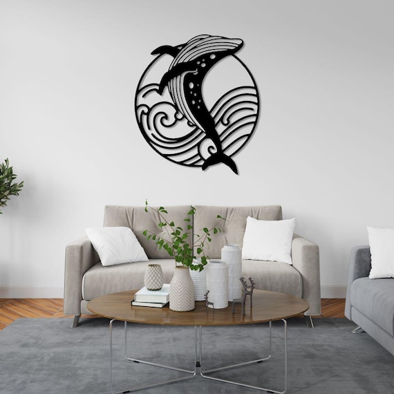 Romia Metal Whale Wall Art – Ocean Wave Design, Modern Home Decor, Round Wall Hanging