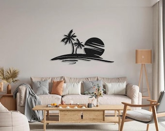 Decorazione murale in metallo con oceano e palme: decorazione per la casa sulla spiaggia tropicale