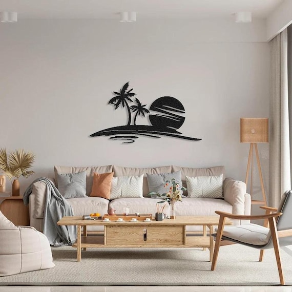 Ocean and Palm Tree Metal Wall Art, Tropical Beach Decor, Nature Life Wall Hanging, Coastal Sea Life Metal Sign, Housewarming Gift