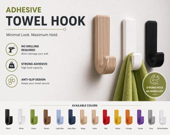 Minimal Adhesive Towel Hook, No Drill Wall Mount, Modern Organizer