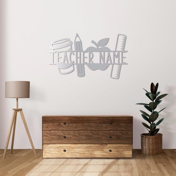 Personalized Teacher Wall Art, Custom Name Metal Sign, Coffee Apple Pencil Decor, 3D Classroom Gift, Modern Teacher Appreciation