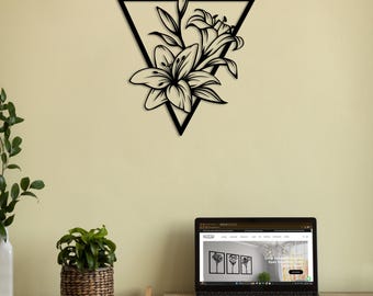 Modern Metal Wall Art, Geometric Triangle Lily Flower Design, Black, Home Office Decor with Multiple Color Options