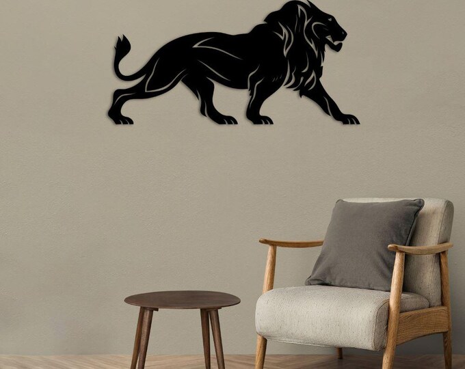 Metal Lion Wall Art Decor, Modern 3D Wildlife Silhouette, Powerful Animal Wall Sculpture for Home or Office