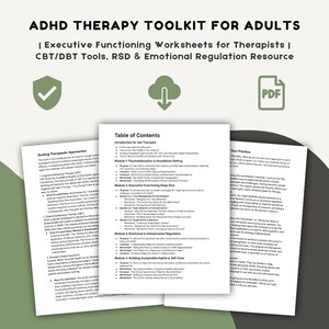 Op de afbeelding: Een set afgedrukte werkbladen, de "ADHD Therapy Toolkit for Adults", voor therapeuten. De documenten richten zich op executieve functies, CGT/DGT-tools en emotionele regulatie. Bevat een inhoudsopgave en een PDF-pictogram.