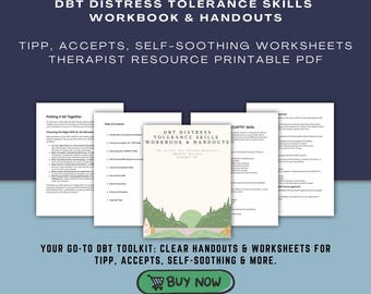 DBT distress tolerance skills workbook & Handouts | TIPP, accepts, self-soothing worksheets | therapist resource | printable PDF