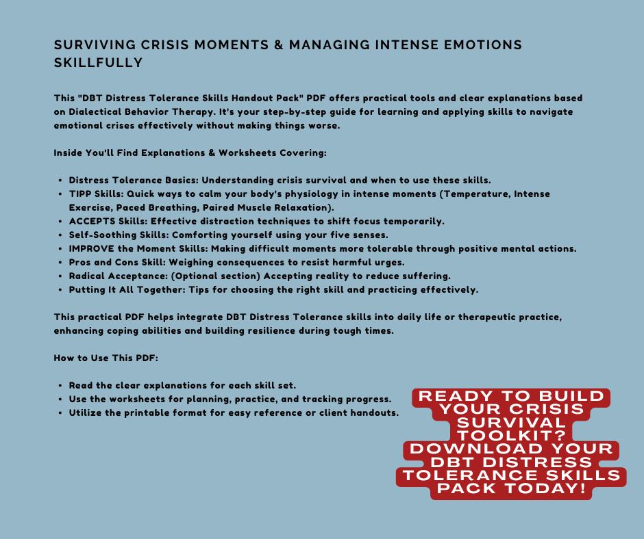 DBT Distress Tolerance Skills Workbook & Handouts | TIPP, Accepts, Self ...