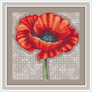 Poppy kruissteekpatroon PDF digitaal bloemenpatroon bloemen kruissteekpatroon Blackwork kruissteekpatroon rode bloem