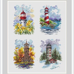Op de afbeelding: Vier verschillende kruissteekpatronen met vuurtorens in verschillende seizoenen. Het eerste patroon toont een vuurtoren met gele bloemen op de voorgrond. Het tweede patroon toont een rood-wit gestreepte vuurtoren met blauw water op de voorgrond. Het derde patroon toont een bruine vuurtoren met herfstbladeren op de voorgrond. Het vierde patroon toont een grijze vuurtoren met sneeuw op de voorgrond.