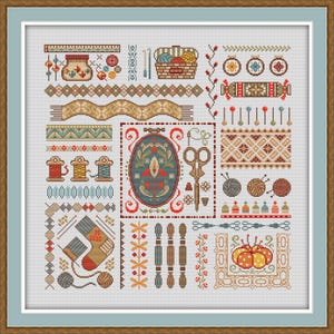 May include: A collection of colourful embroidery designs featuring various sewing and knitting supplies, including yarn balls, needles, scissors, and a basket of yarn. The designs are perfect for cross-stitch or needlepoint projects.