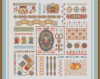 May include: A collection of colorful embroidery designs featuring various sewing and knitting supplies, including yarn balls, needles, scissors, and a basket of yarn. The designs are perfect for cross-stitch or needlepoint projects.