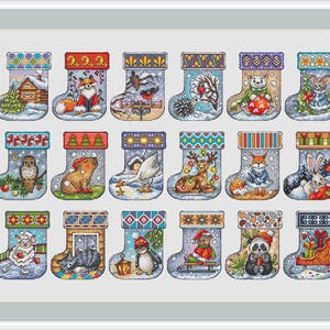 May include: A set of 18 Christmas stockings featuring a variety of animal and festive designs. Each stocking is decorated with a different pattern and includes a unique animal or holiday symbol.