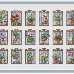 May include: A cross-stitch pattern featuring fifteen rectangular frames arranged in three rows. Each frame contains a unique illustration of a potted plant, including flowers, greenery, and small decorative items like cats, birds, and lanterns.