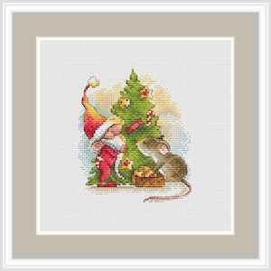 Korsstygnsmönster med gnome Korsstygnsmönster med mus Korsstygnsmönster med jul Korsstygn Juldekor Xstitch-mönster