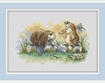 Beaver Cross Stitch Pattern Canada Cross Stitch Pattern Cute Couple Cross Stitch Forest Nature Cross Stitch Pattern PDF Instant Download