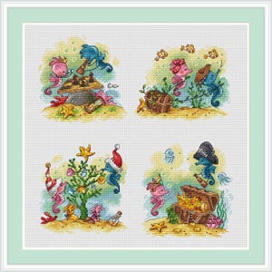 May include: Cross-stitch design depicting four underwater scenes with seahorses. One scene shows seahorses playing chess, another with a treasure chest, a third with a Christmas tree, and the last with a treasure chest. The seahorses are in various colours.
