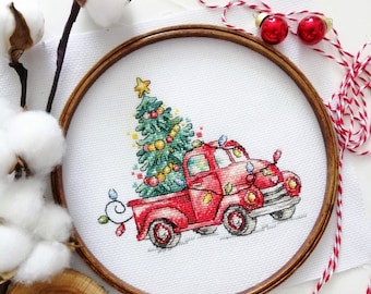 Kit De Broderie Au Point De Croix Pour Adultes Avec Bas De Noël Estampillés Personnalisés, Motif De Père Noël Mignon, Camion Rouge, Motifs De Point De Croix Faciles à Compter, Pour Débutants