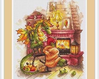 Dragon Cross Stitch Pattern, Fall Cross Stitch Pattern, Autumn Cross Stitch Pattern, Lantern Cross Stitch Pattern, Instant Download, PDF
