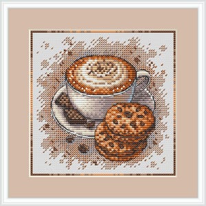 May include: Cross-stitch art of a coffee cup with a heart-shaped design in the foam, sitting on a saucer with chocolate squares and a stack of chocolate chip cookies. The background has a speckled pattern.
