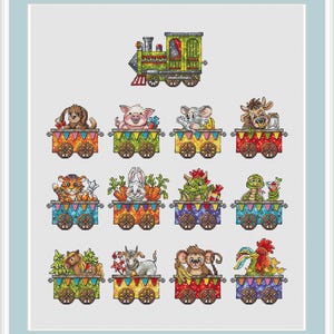 May include: A cross-stitch pattern featuring a train with colorful cars carrying various animals, including a pig, a rabbit, a dragon, a monkey, and a rooster. The train is green with yellow and red details.