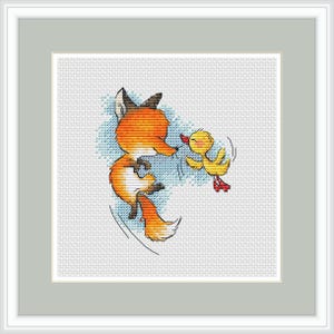 May include: A cross-stitch pattern featuring a red fox with a white tail and a yellow duckling with red shoes. The fox is jumping in the air and the duckling is flying towards the fox.