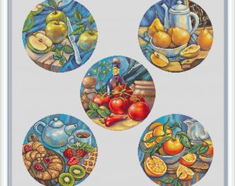 Kitchen Set Cross Stitch Pattern Cuisine Cross Stitch Pattern Tomato Cross Stitch Counted Xstitch PDF Instant Download