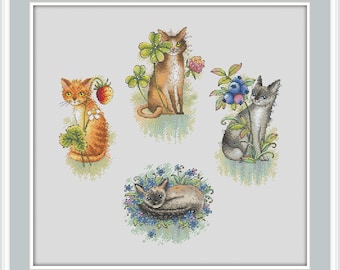 Cat Cross Stitch Pattern Strawberry Cross Stitch Pattern Flowers Cross Stitch Pattern Red Cat Cross Stitch Chart PDF Pattern Digital File
