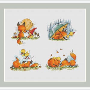 May include: Four cross-stitch patterns featuring foxes and ducklings in various scenes. The first scene shows a fox with a duckling under an umbrella. The second scene shows a fox and a duckling under a full moon. The third scene shows a fox and a duckling playing with a pumpkin. The fourth scene shows a fox and a duckling playing with a ball.