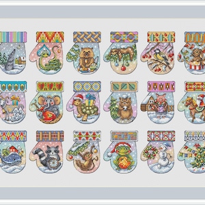 May include: A set of 18 illustrated mittens, each with a unique design. The mittens depict various animals and winter scenes, such as a wolf, snake, bear, bird, dog, goat, elephant, turtle, beaver, pig, horse, whale, raccoon, monkey, frog, and snowman. Each mitten is brightly coloured.