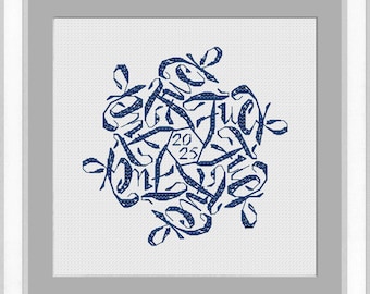 May include: A framed cross-stitch artwork with a white background and a navy blue design. The design features cursive text arranged in a circular pattern, with the numbers "20/25" in the center. The frame is white.