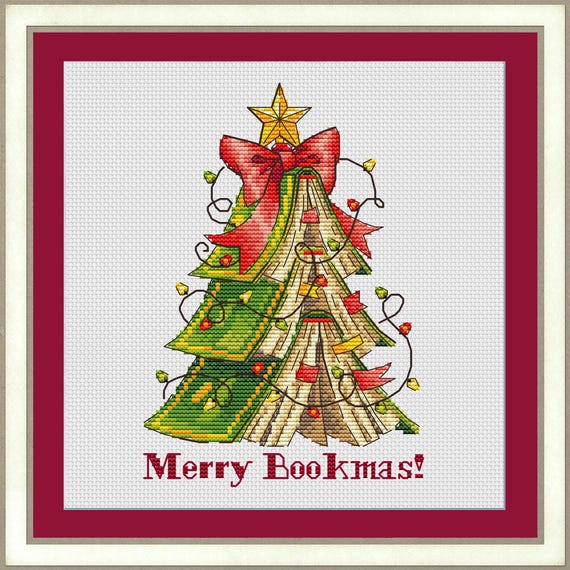 Christmas Cross Stitch Pattern, Book Cross Stitch Pattern, Christmas Tree Cross Stitch Pattern, Gift for Book Lover, PDF Pattern
