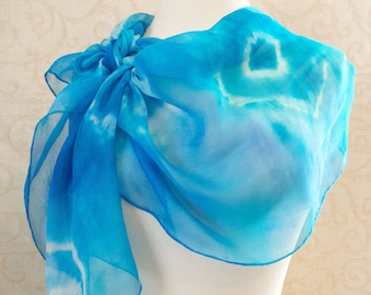 Hand Dyed Silk Crinkle Chiffon Shawl in Turquoise and Sapphire Blues Tie Dye Circles, Slightly Seconds, Discounted